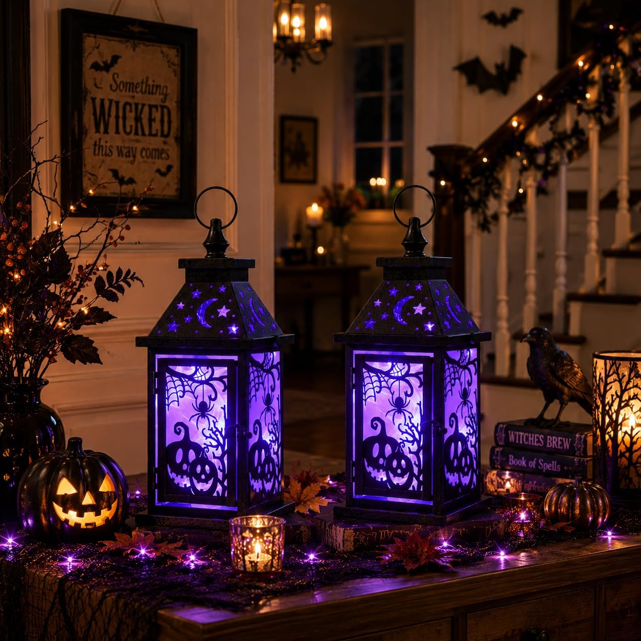 Halloween Decorations Indoor, Set of 2 Decorative 14.7" Spider&Pumpkin Candle Lantern with LED Lights(8 Modes), Hanging Spooky Halloween Lanterns, Outdoor Home Room Door Party Decor
