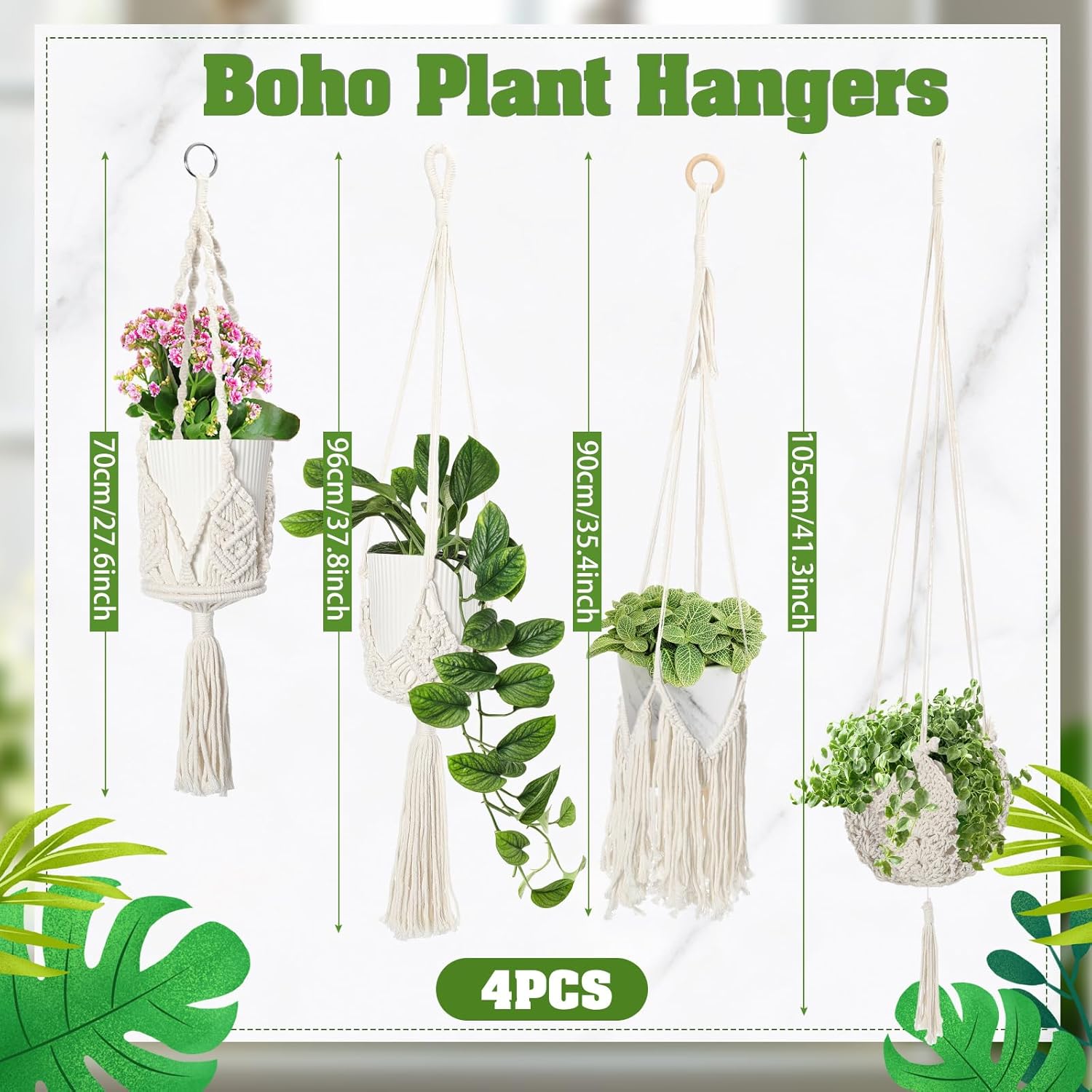4 Packs Macrame Plant Hangers Indoor Crochet Hanging Plant Holder with Tassels Hanging Planters for Indoor Boho Hanger with 4 S Shaped Hooks for Home Decor Window Flower Pot (White)