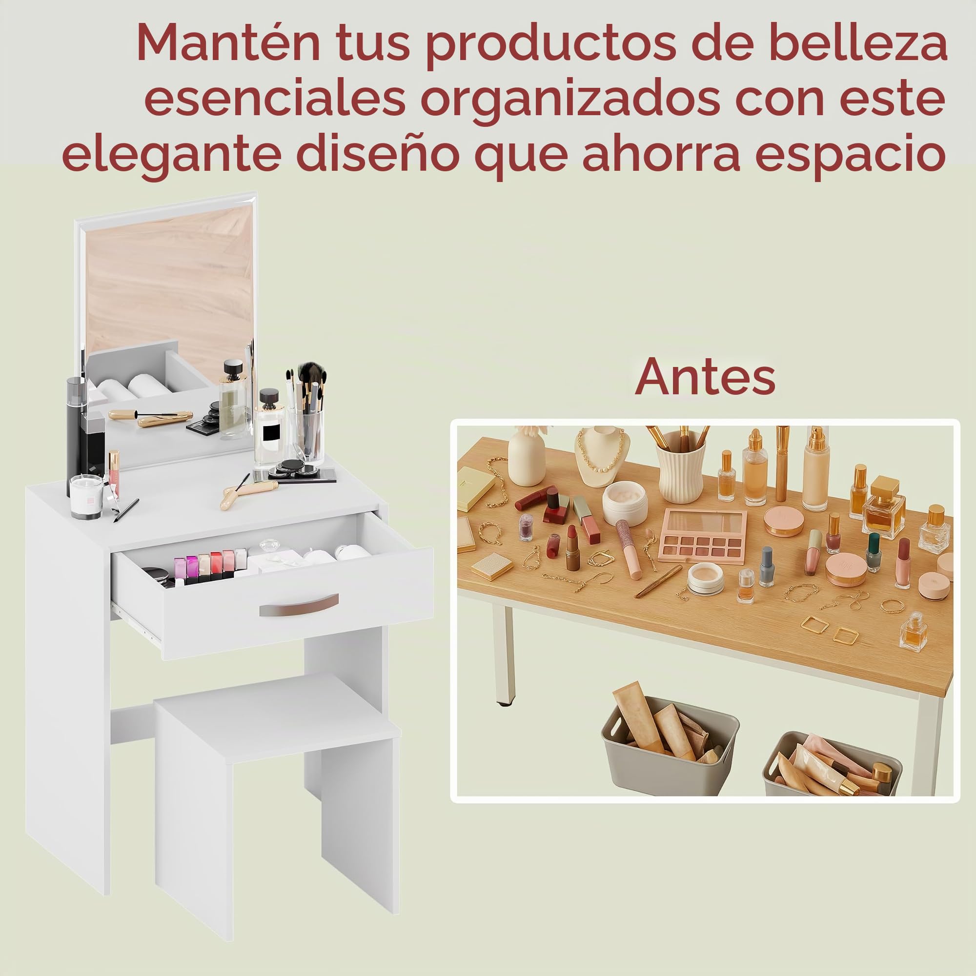 Vida Designs Tocador Isla 1 cajón Espejo y Taburete Juego de Dormitorio Maquillaje tocador cosméticos Almacenamiento Escritorio tocador Muebles Blanco..