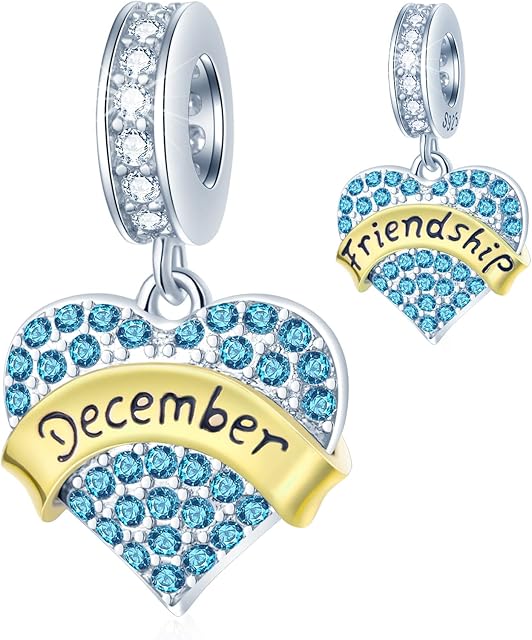 CRISNATA Jan-Dec 12 Month Birthstone Heart Pendant Charms with Clear CZ, 925 Sterling Silver 2 Tone Gold Beads, fits European Birthday Bracelet, Gifts for Mother/Wife/Father