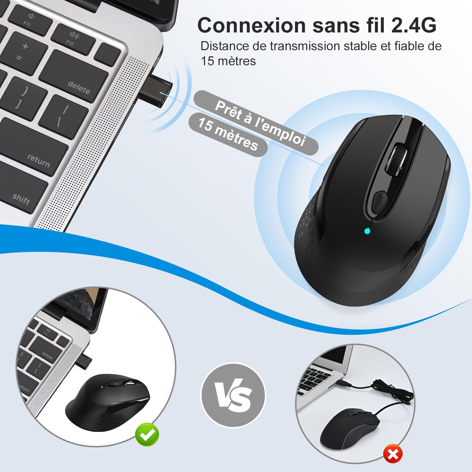 RaceGT Souris sans Fil silencieuse USB C 2.4G Ergonomique, 6 Touches | Wireless Mouse Souris Ergonomique 1600 DPI, Magic Mouse pour Ordinateur/MacBook/Mac/PC-TM004 Noir