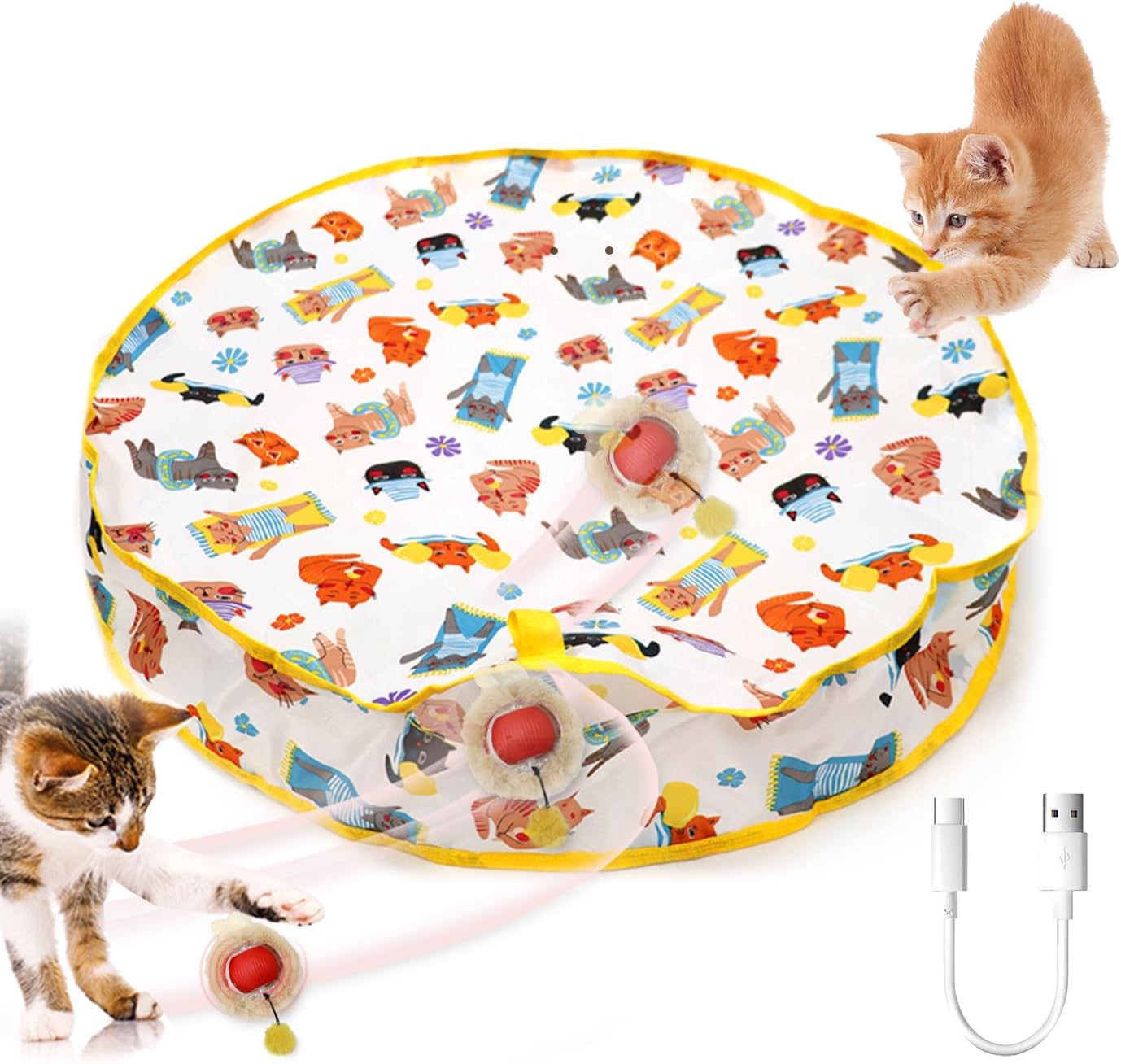 28-Inch Interactive Cat Activity Mat with Auto-Rolling Ball, 3-Speed Adjustable, USB Rechargeable, Non-Toxic Indoor Feline Exercise & Enrichment Mat, Durable Dynamic Pet Toy
