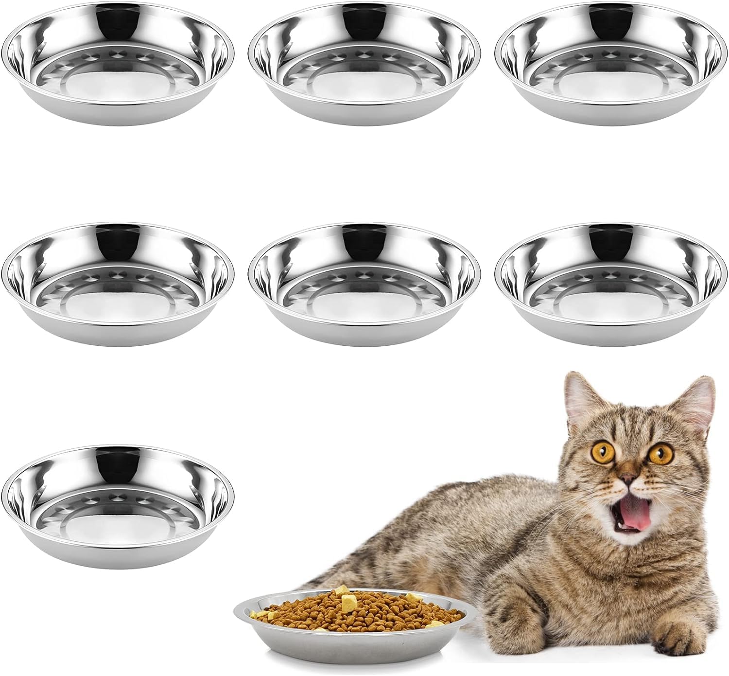 Kathson 8 Pcs Stainless Steel Cat Food Bowls, Replacement Whisker Relief Cat Metal Dishes, Shallow Wide Cat&Dog Food and Water Bowl Suitable for Pet Feeding Stand, Dishwasher Safe (7.88 Inch Dia.)