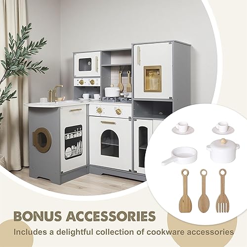 Miniatura 3 de Juego de cocina grande de madera con agua corriente real, dispensador de agua 2 en 1 con máquina de hielo, estufa de juego con luz y sonidos para