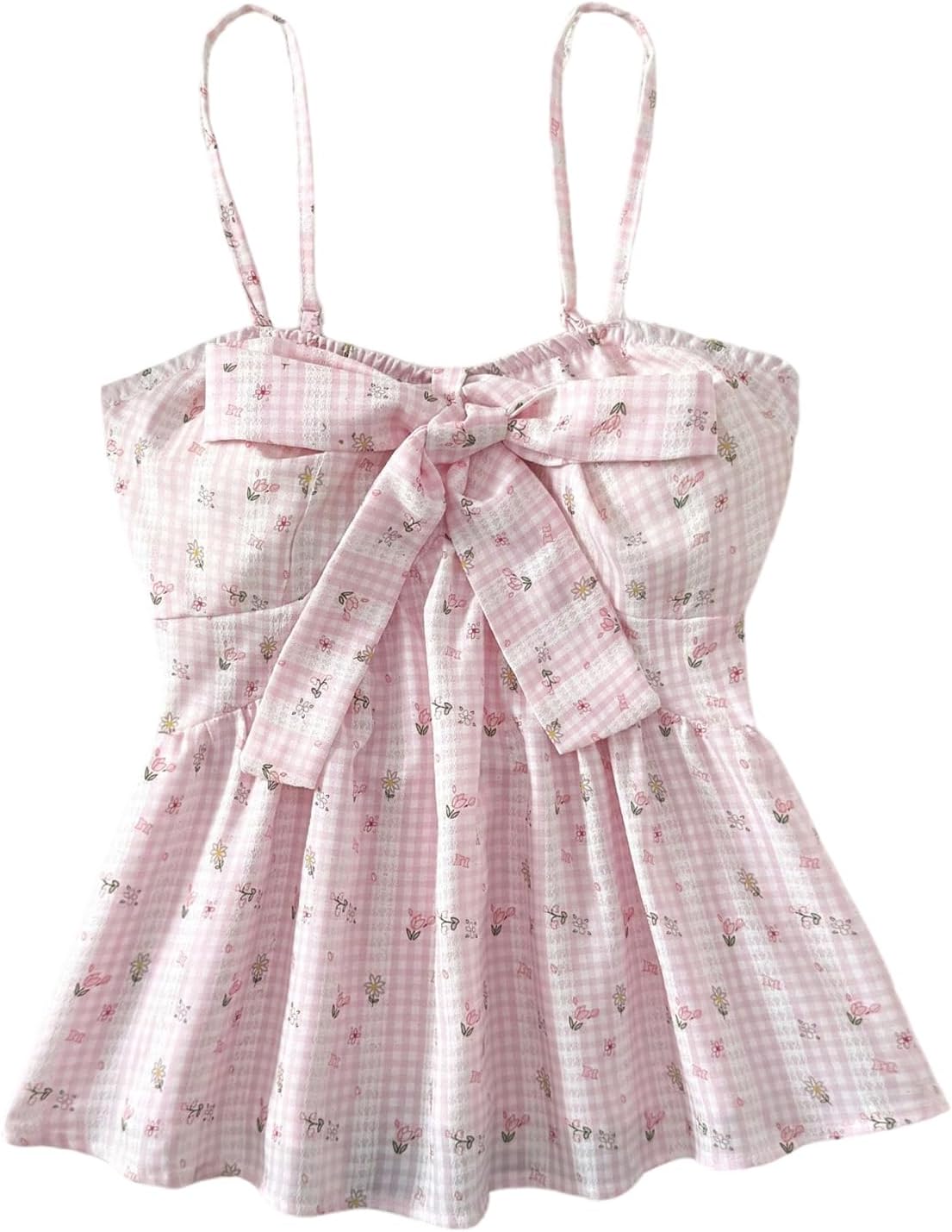 Milumia Women's Floral Plaid Bow Peplum Cami Crop Top Summer Vacation Smocked Ruffle Tops