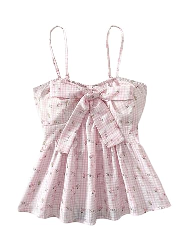 Verdusa Women's Floral Gingham Bow Tie Camisole Tops Sleeveless Shirred Back Peplum Top