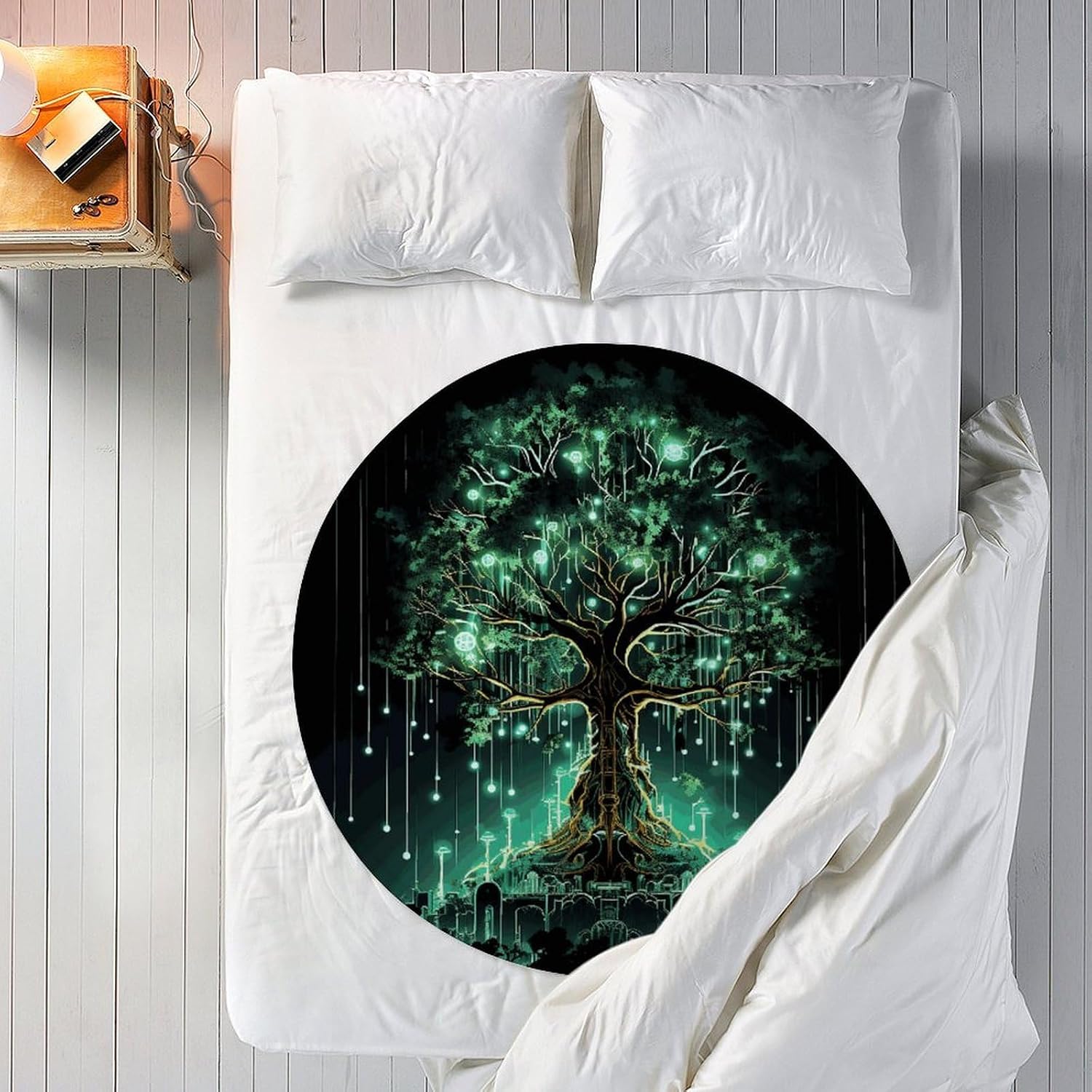 Magical Green Tree Blanket Round Beach Tapestry Flannel Round Tablecloth Boho Beach Blanket Home Decor Indie Rug Comfortable Yoga Mat for Multi Scenario Usage