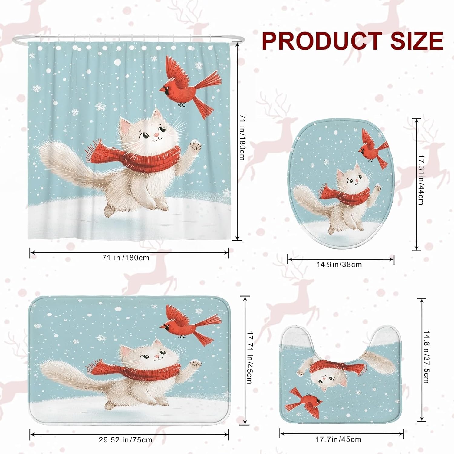 4PCS Winter Christmas Ragdoll Cat Bathroom Accessory Sets with Non-Slip Rug, U Shape and Toilet Lid Cover Mat, Cute Kid Xmas Animal Bathroom Decorative-72''x72''