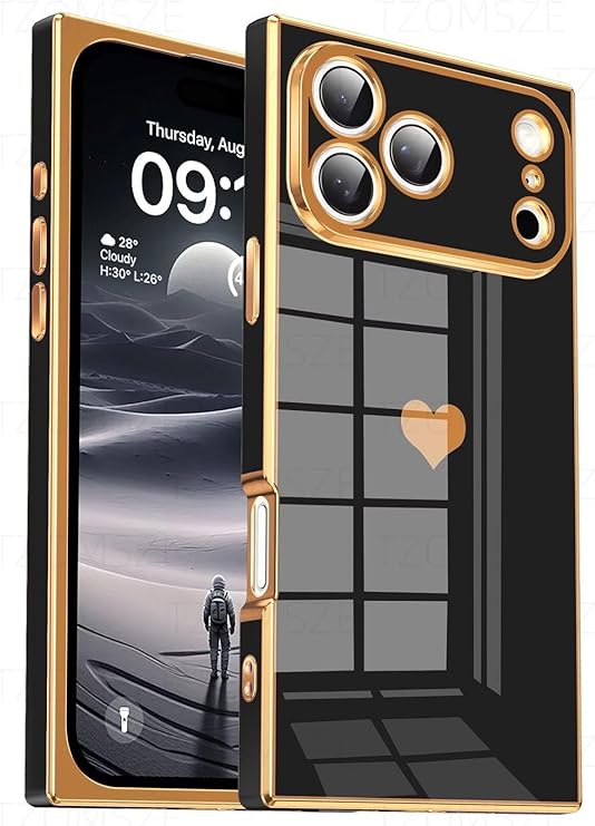Tzomsze Compatible with iPhone 17 Pro Max Case,Camera Protection Cute Heart Pattern & Electroplate Reinforced Corners Shockproof Edge Bumper Case for Women Girls 6.9 Inch-Black