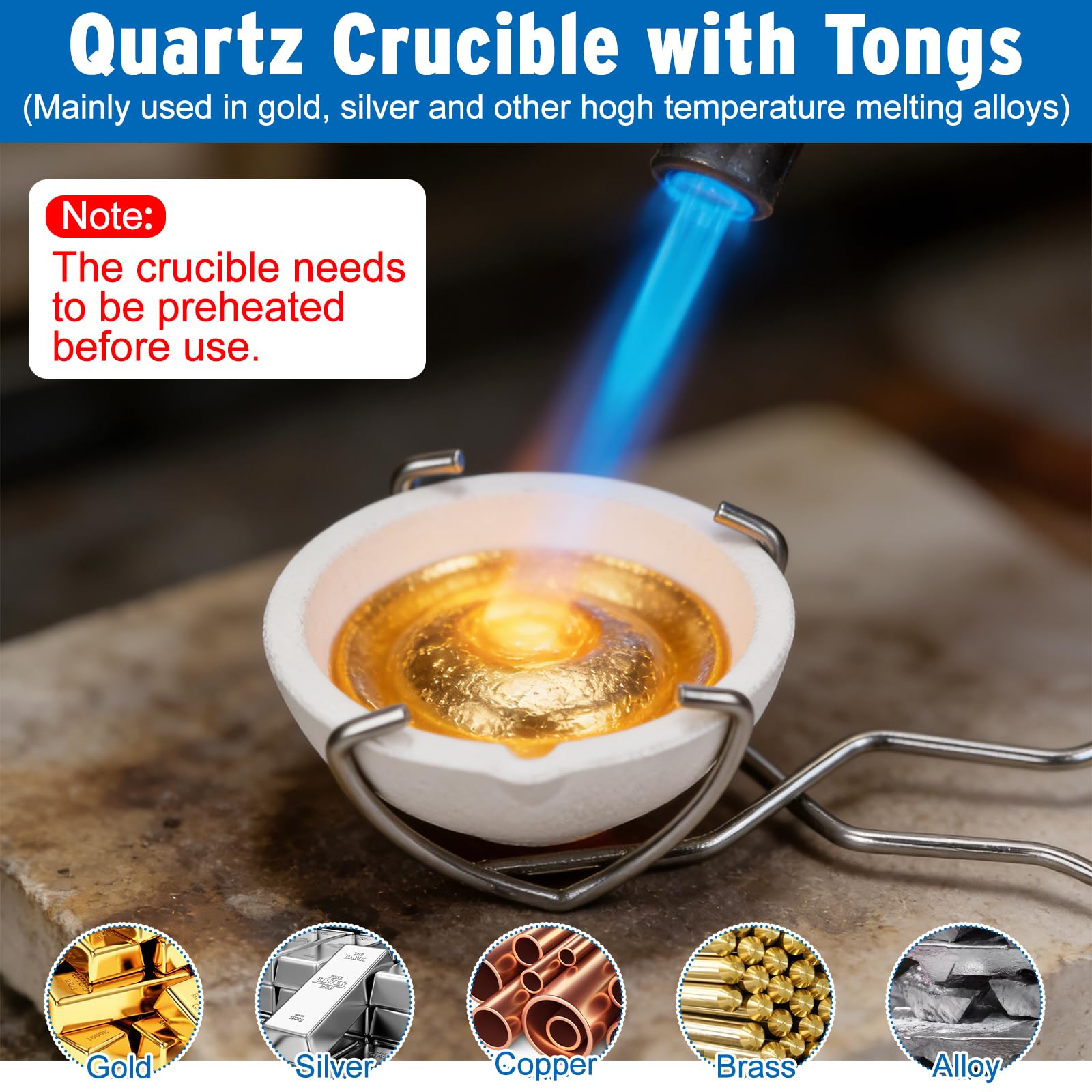 Hysagtek Kit de 9 crisoles para derretir metal, kit de fundición de antorcha de grafito, crisol de grafito, moldes de lingote de grafito, 2 varillas agitadoras de crisol, taza de cuarzo y pinzas