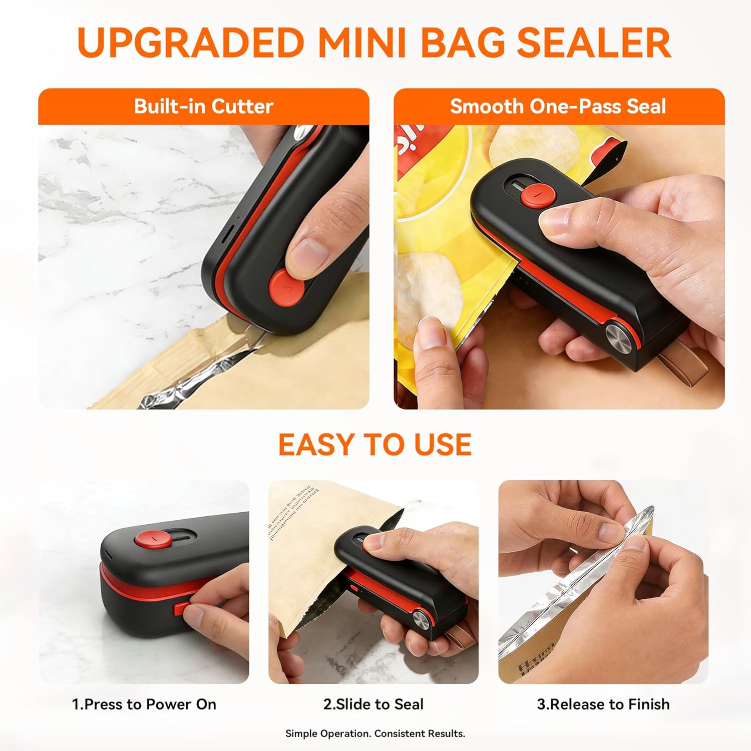 NEATEST Mini Bag Sealer, 2026 Upgraded USB Rechargeable 3 Heat Levels Chip Bag Sealer with Cutter Magnet, 2 in 1 Portable Heat Seal Resealer for Plastic Bags, Snacks & Food Storage (Black)