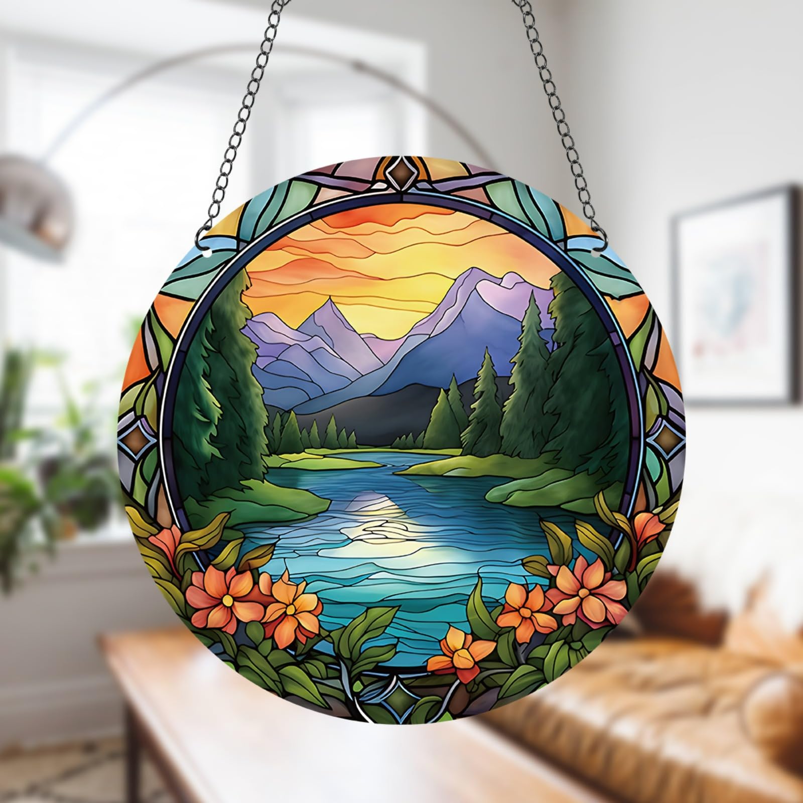 Generic 11.8 Inches Large Mountain Acrylic Window Hanging Decor Wildflowers Lake Wall Art Mural Suncatcher for Bedroom Office Garden Wall Decoration