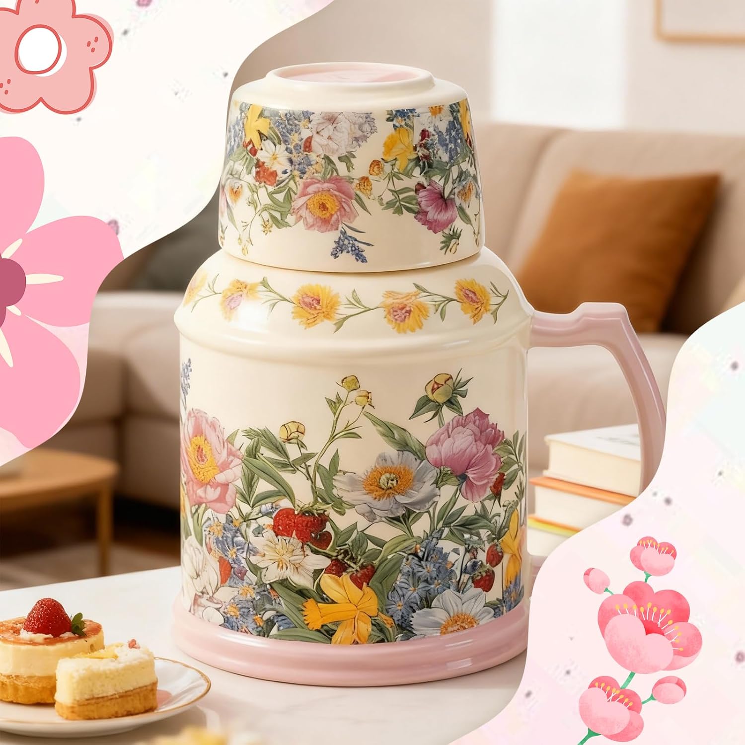 600ml Floral Ceramic Teapot, Blooming Design Porcelain Tea Kettle (Pink) | 600ml Perfect Capacity,Premium Heat Retention,Porcelain Hot Water Kettle with Handle