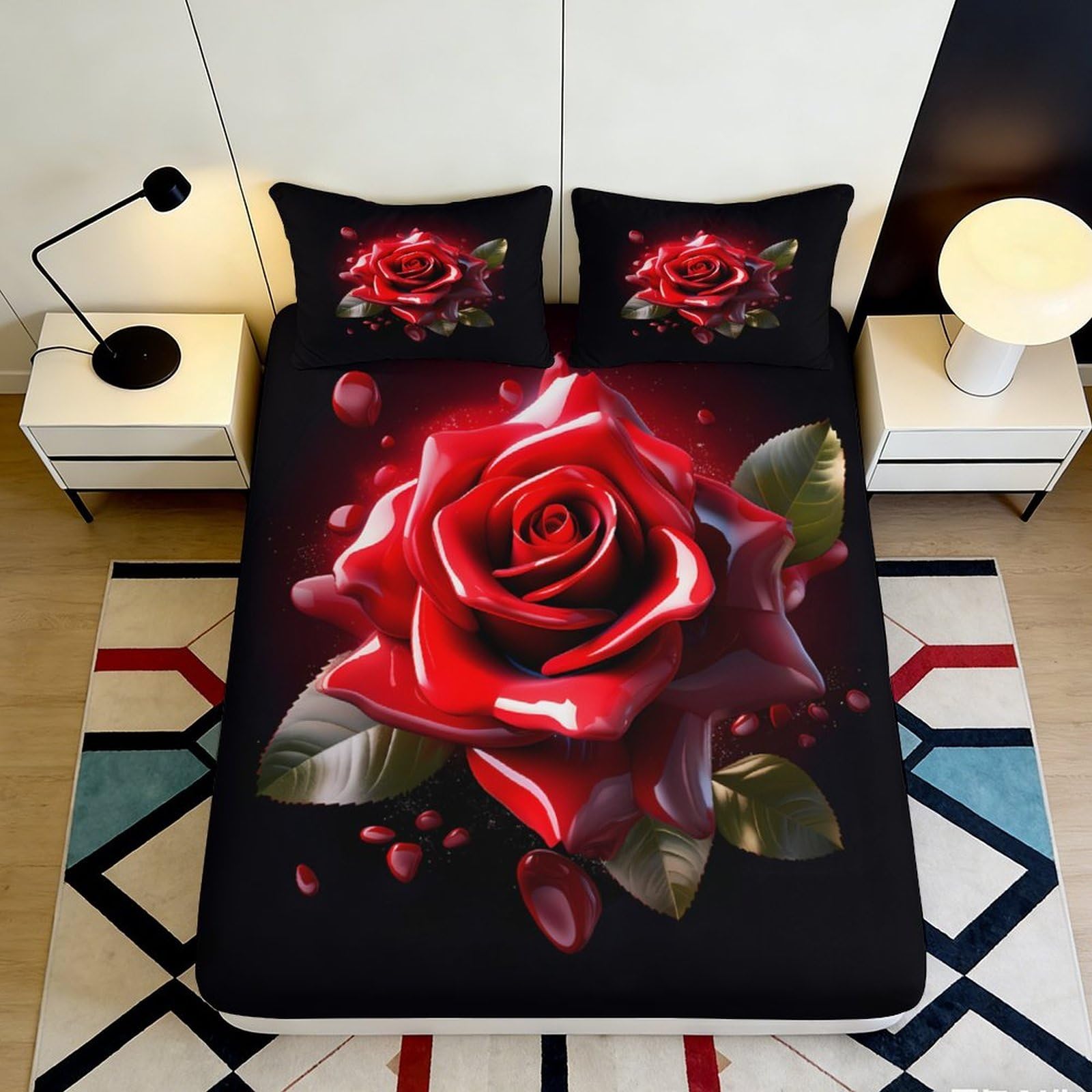 3D Printed Red Rose Fitted Sheet Microfiber Black Artistic Bed Cover for Bedroom Guest Room Dustproof Washable Decor 90x200x25cm