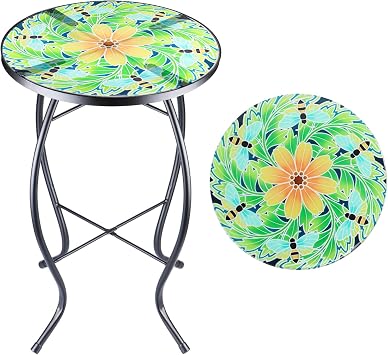 VCUTEKA Outdoor Side Table Mosaic End Patio Side Table Small End Tables Glass Top Round Balcony Coffee Tables Porch Indoor Glass Top Bee 14