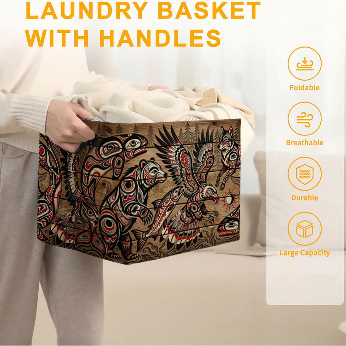 Haida Art Laundry Hamper, 56L Large Foldable Laundry Basket with Handles, for Family Clothes, Toy Storage Bin, Blankets,Decorative Organizer for Shelves & Closet Home Decor Bedroom & Nursery