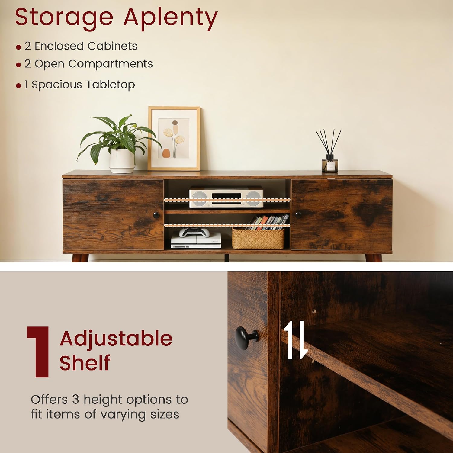 TV Stand for 55/60 Inch TV, Entertainment Center with Two Storage Cabinets and Adjustable Shelf, Modern TV Console Table Media Cabinet for Living Room, Bedroom, Brown