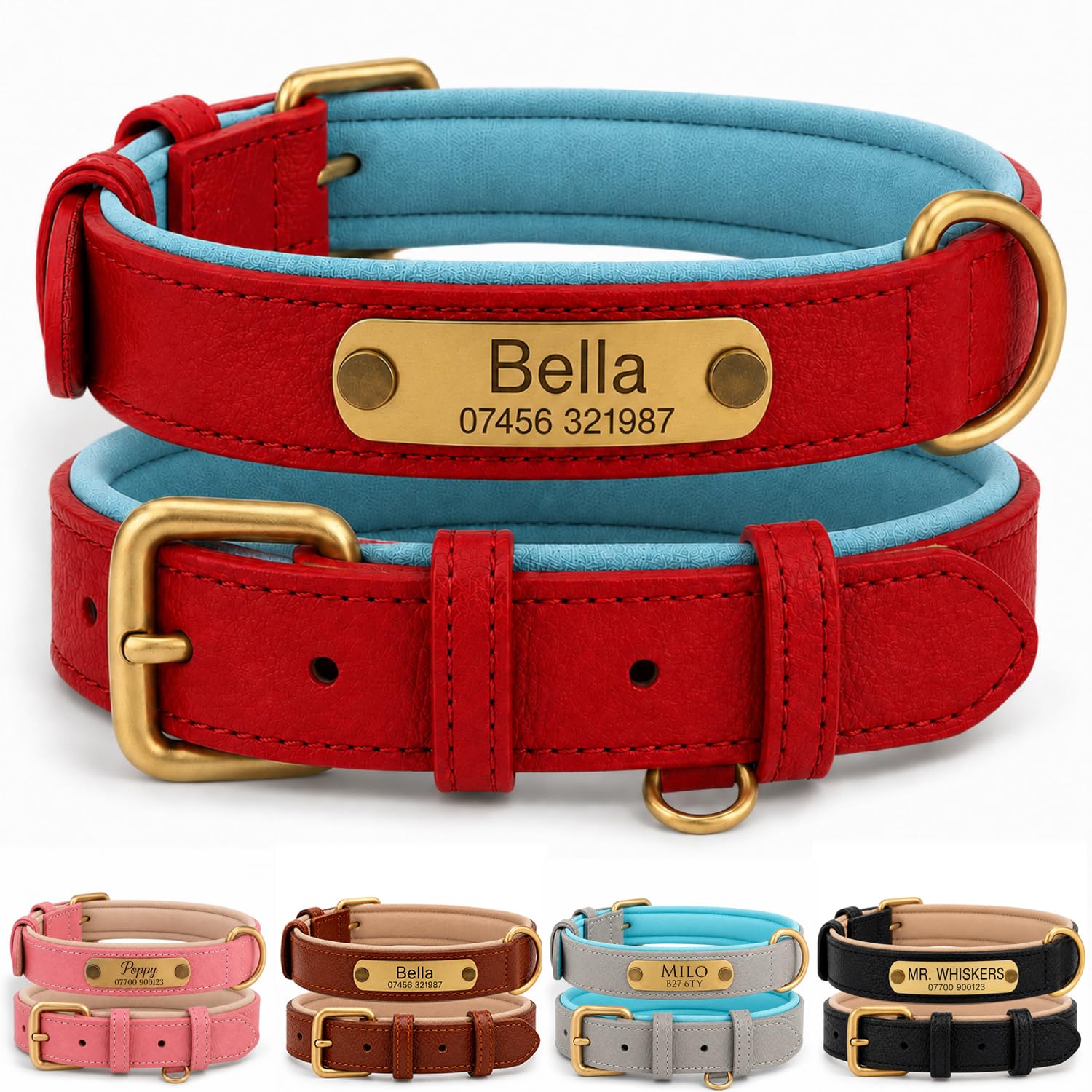 Personalised Genuine Leather Dog Collar, Soft Padded Adjustable Collar with Custom Engraved Name Plate, Custom ID Nameplate Collar for Puppy Small Medium Large Dogs, UK Dispatch (Red, S)