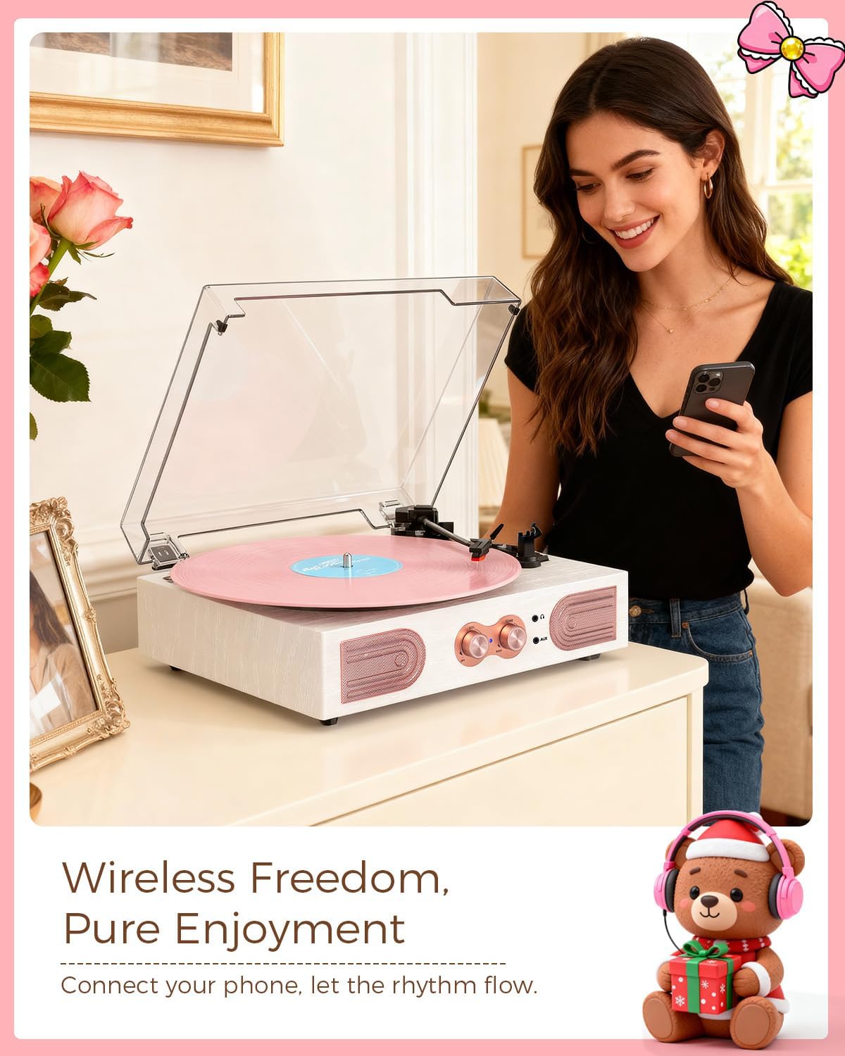 Vinyl Record Player, White & Rose Gold, Built-in Speakers, 3-Speed Belt-Drive Turntable for Beginners, Easy Setup, Vintage Style Record Player Gift