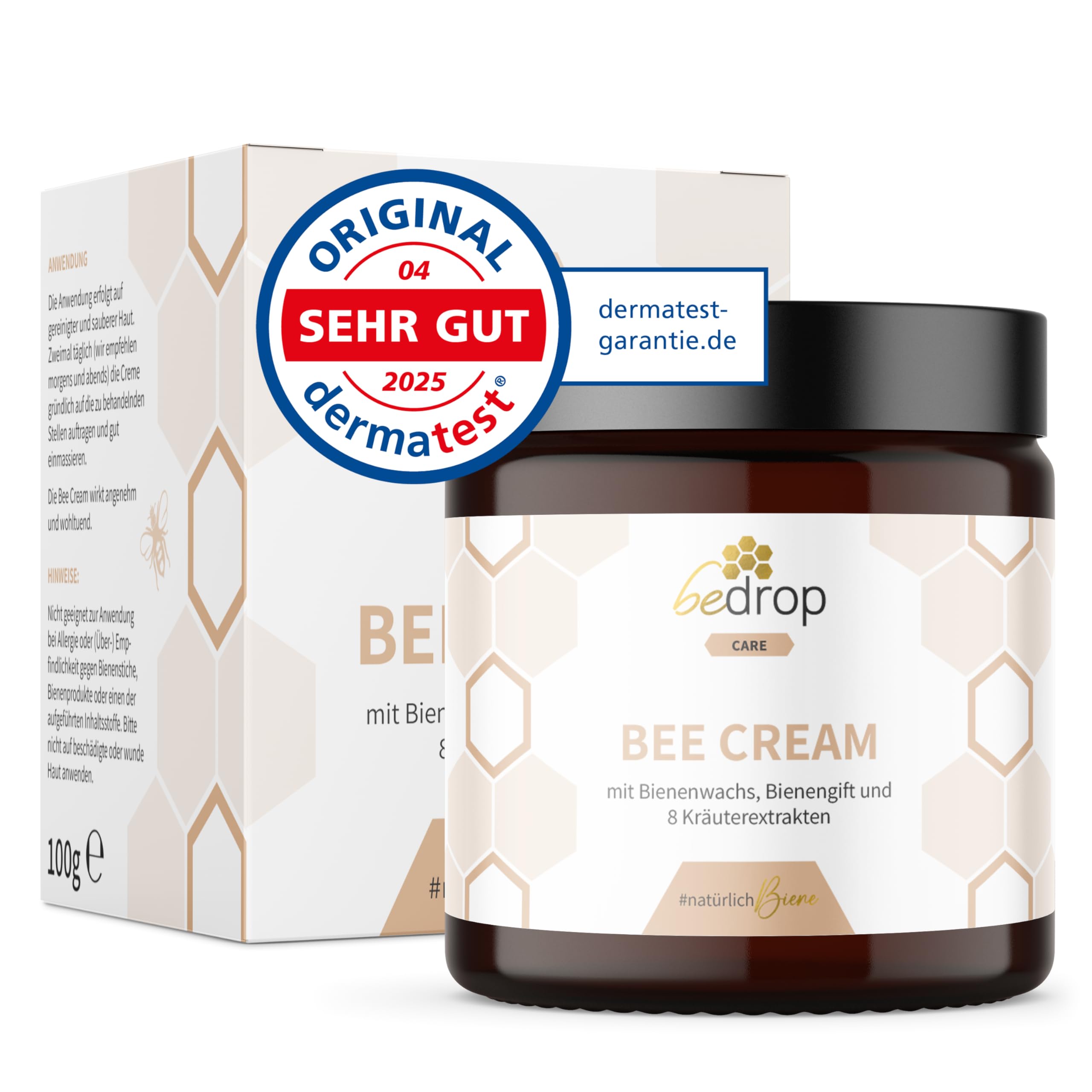 bedrop Bienengiftsalbe hochdosiert (kühlend & wärmend) - Bee Cream Bienengiftcreme mit Bienenwachs und 8 Kräuterextrakten, wie Aloe Vera, Ringelblume, Eukalyptus und Rosskastanie 100g