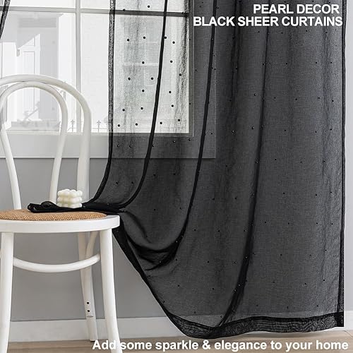 Miniatura 3 de Cortinas traslúcidas negras, decoración perla, elegantes cortinas semitraslúcidas para ventana de sala de estar, dormitorio, bolsillo para barra,