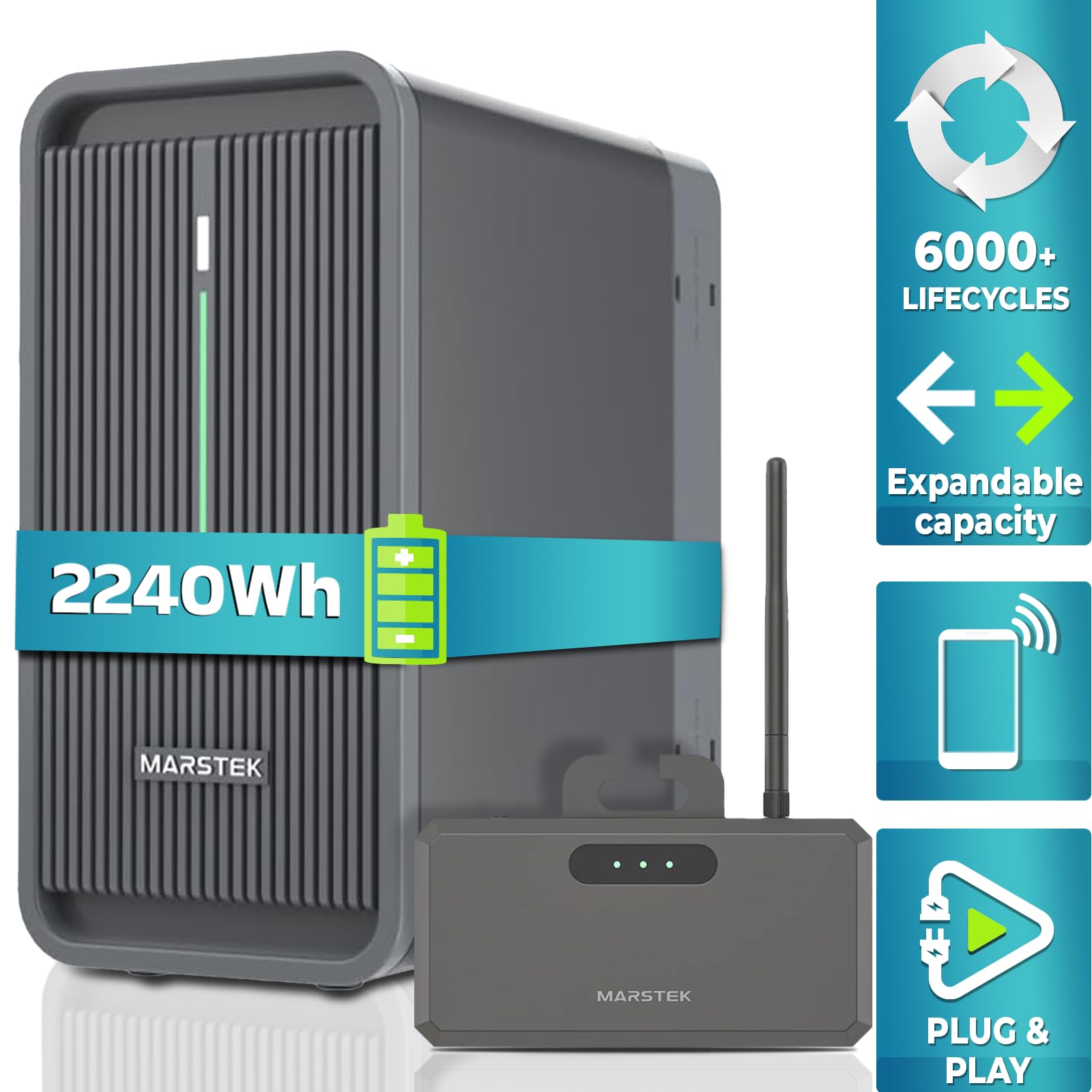 Marstek B2500 Speicher/Batterie für Balkonkraftwerk 2.24KWh MPP Tracker mit Smartmeter CT001, 6000+ Ladezyklen, App-Steuerung, für Innen- und Außenbereich (IP65), durch P2500 erweiterbar bis 6.7KWh