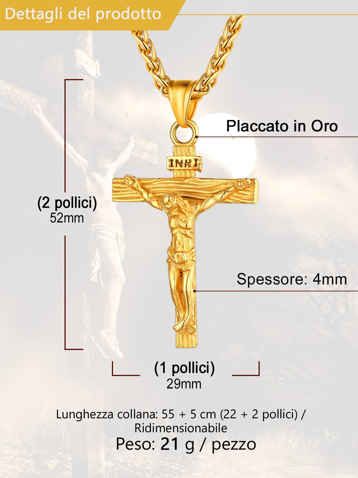 U7 Collana Uomo con Crocifisso Croce Con Gesù Cristo Vintage in Acciaio Inossidabile Ciondolo Crocifisso Amuleto Religioso Personalizzabile + Catena Regolabile 55+5 cm con Confezione Regalo