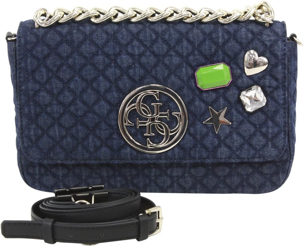 Guess Womens Lux Faux Leather Quilted Crossbody Handbag Blue Medium