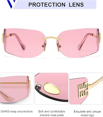 VANLINKER Y2K 90s Sunglasses for Women Trendy Wrap Around Rimless Frame Fashion Rectangle Tinted Frameless Shades VL9924