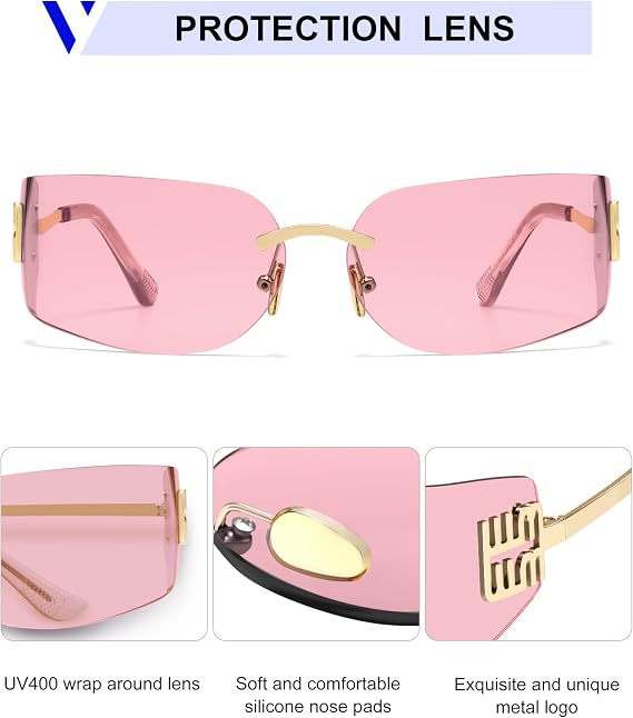 VANLINKER Y2K 90s Sunglasses for Women Trendy Wrap Around Rimless Frame Fashion Rectangle Tinted Frameless Shades VL9924
