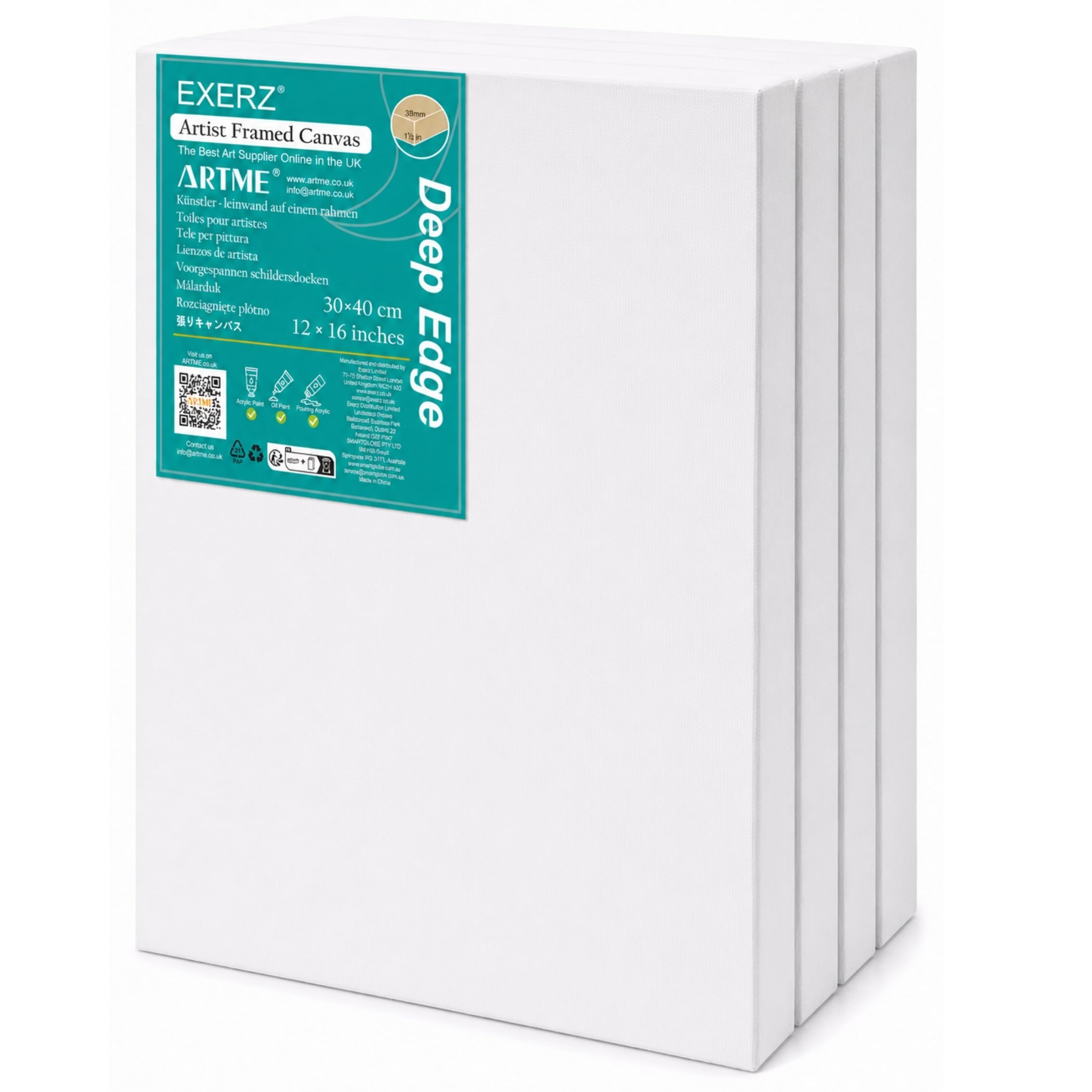 EXERZ 30x40cm Canvas Deep Edge 4pk Artist Framed 3.8cm Thick 380GSM Pre-Stretched 100% Cotton, Blank, Triple Primed, Medium Grain - Acrylic & Oil Paint (30x40cm 4pk)