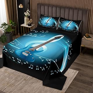 Erosebridal Boys Guitar Bedspread King Size,Music Notes Blue Coverlet Set Rock Musical Theme Quilted for Kids Teens Cool Electric Guitar Quilt Set with 2 Pillow Cases Black