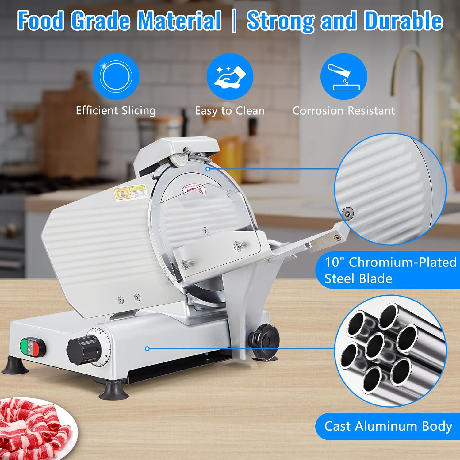 240W Meat Slicer, Electric Food Slicer with 10" Round Blade and Thickness Adjustment Knob, Meat Slicer for Home and Commercial Use to Cuts Meat, Bread and Cheese.