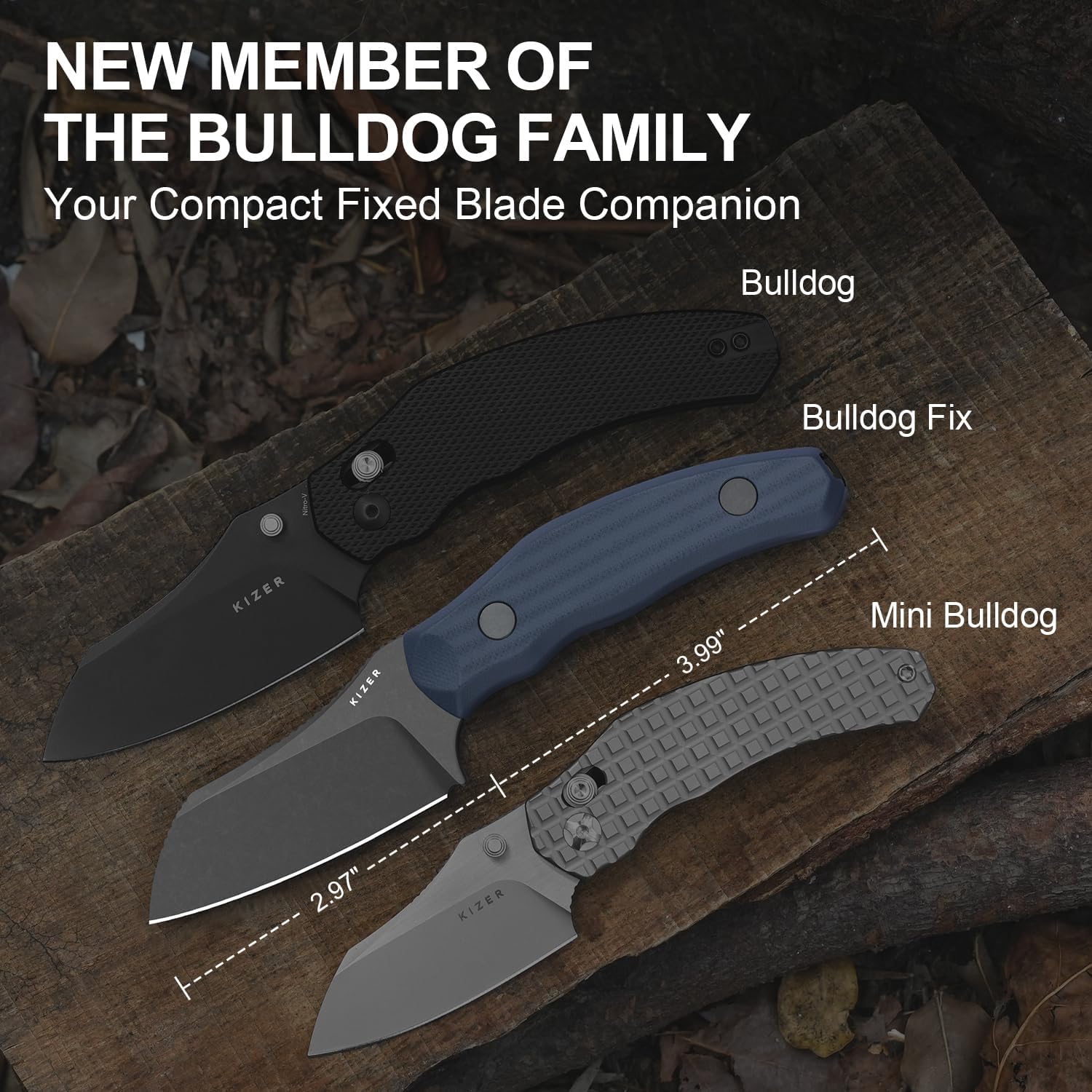 Kizer Bulldog Fix Fixed Blade Knife, 2.97" Sheepsfoot 14C28N Blade Hunting Knife with Sheath, Blue G10 One-Piece Handle EDC Camping Knives for Outdoor Survival 1116A1