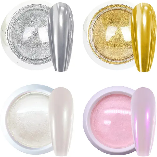 GZMAYUEN Chrome Nail Powder - 4 Colors Aurora Pink, White Pearls, Silver & Gold for Nail Art