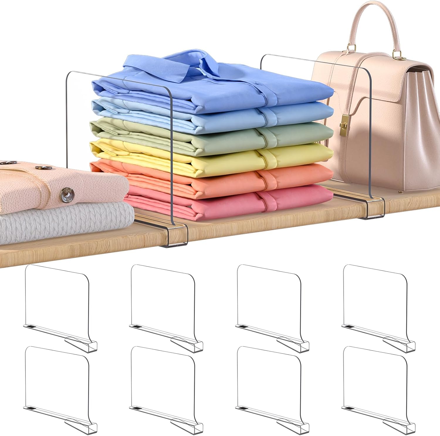 OKPOW Shelf Dividers for Closet Organization: 8" Tall X 12" Deep, Acrylic Clear Sturdy Separators for Clothes Purse, Adjustable, Removable, Easy to Install, Storage for Wood Cabinet Housewife, 8 Pack