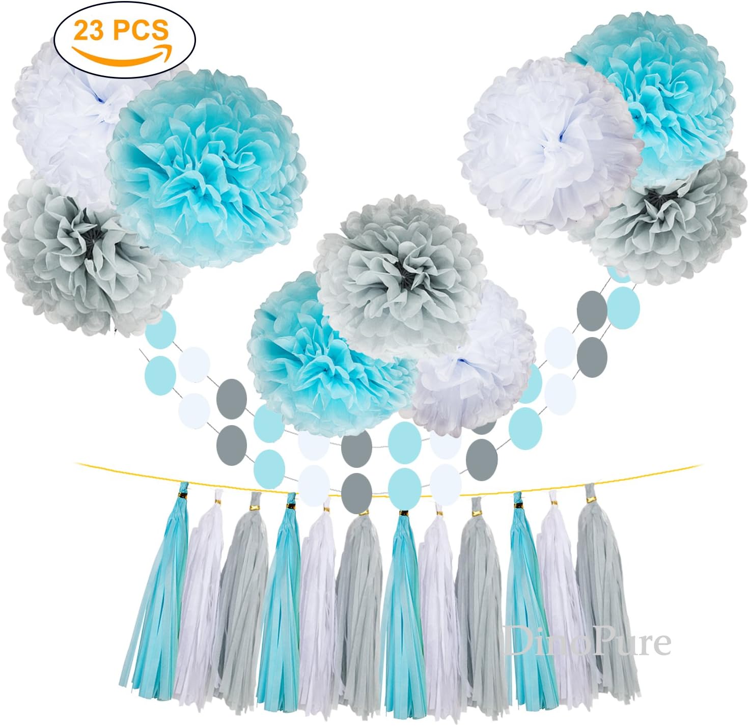 Umiss 23pcs Party Tissue Pom Poms Tissue Flowers Baby Blue White Grey Baby Boy Shower/Party Paper Decorations First Birthday Boy Tissue Flowers Tassel Garland Circle Paper Baby Shower Decorations