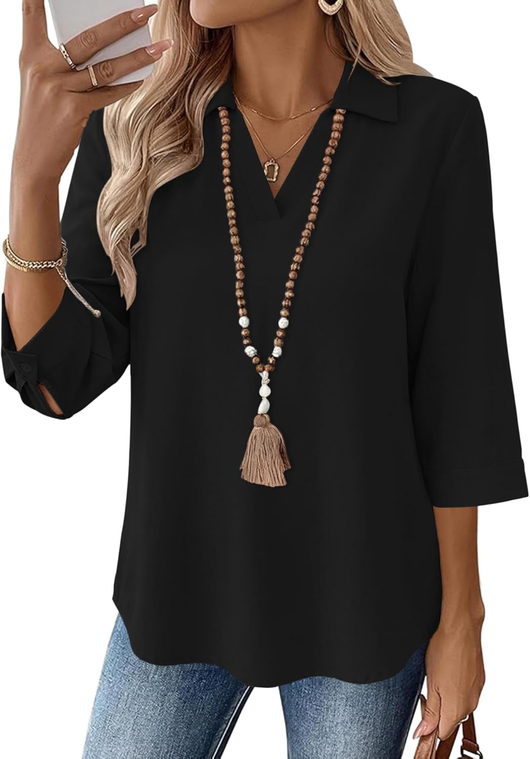 LOMON Womens 3/4 Sleeve Tops V Neck Cotton Linen Work Blouse Polo Shirts for Women Business Casual 2026