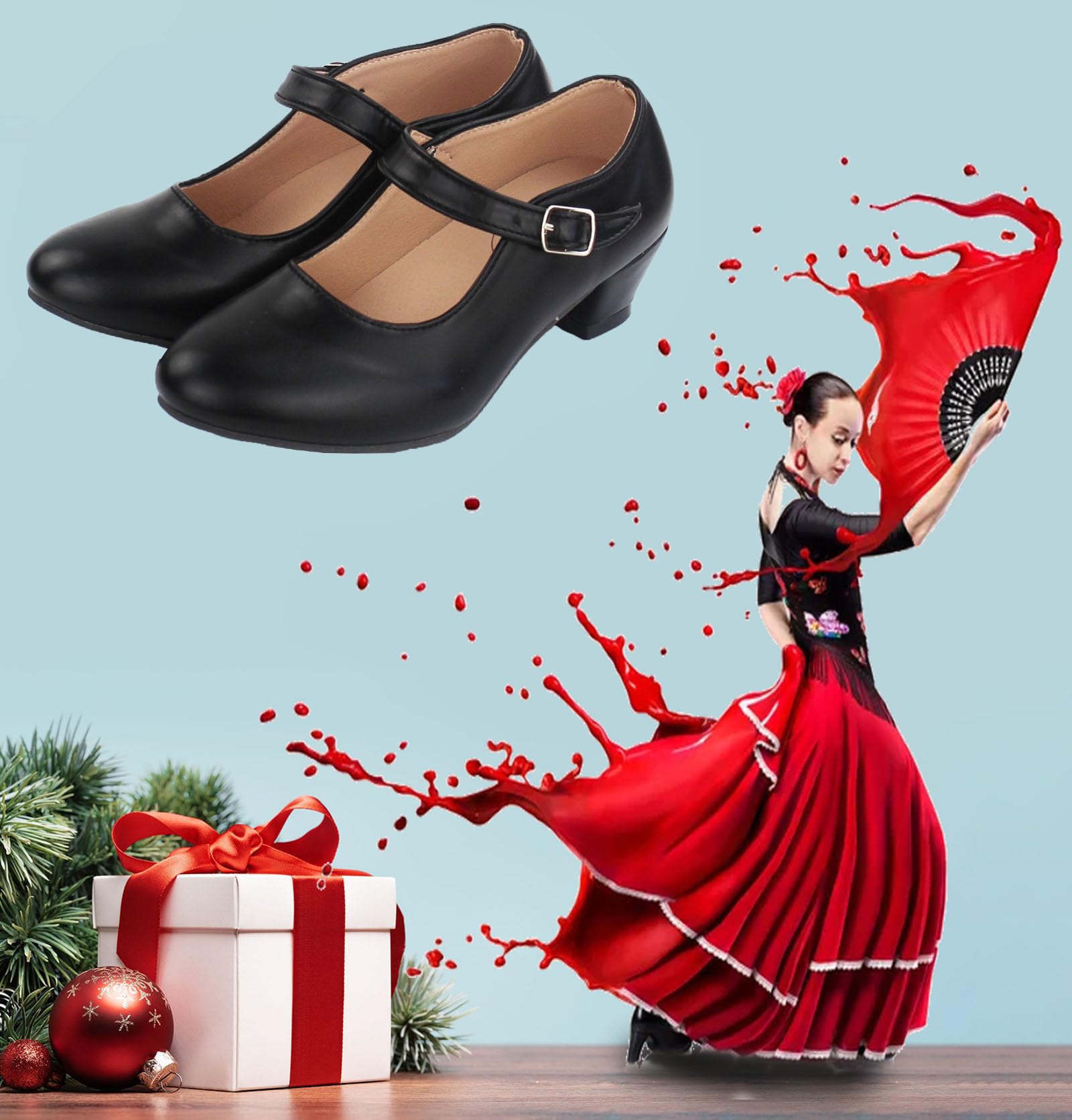 Zapatos Flamenco para Niña de Danza, Calzado de Baile Sevillana, Tacones con Cuña Cómodos y para Adolescentes