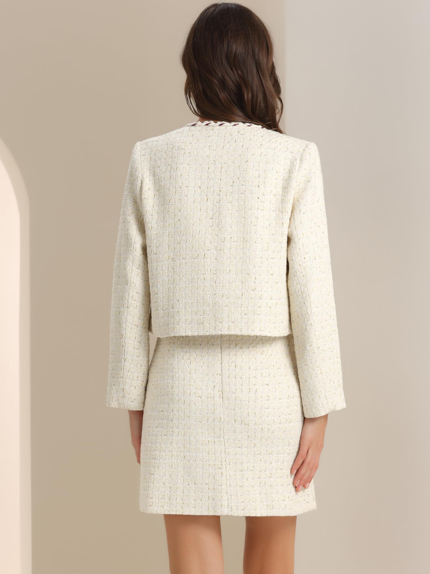 Allegra K Tenues en Tweed à Carreaux pour Femmes Ensemble Veste Blazer Courte et Jupe Ouverte sur Le Devant