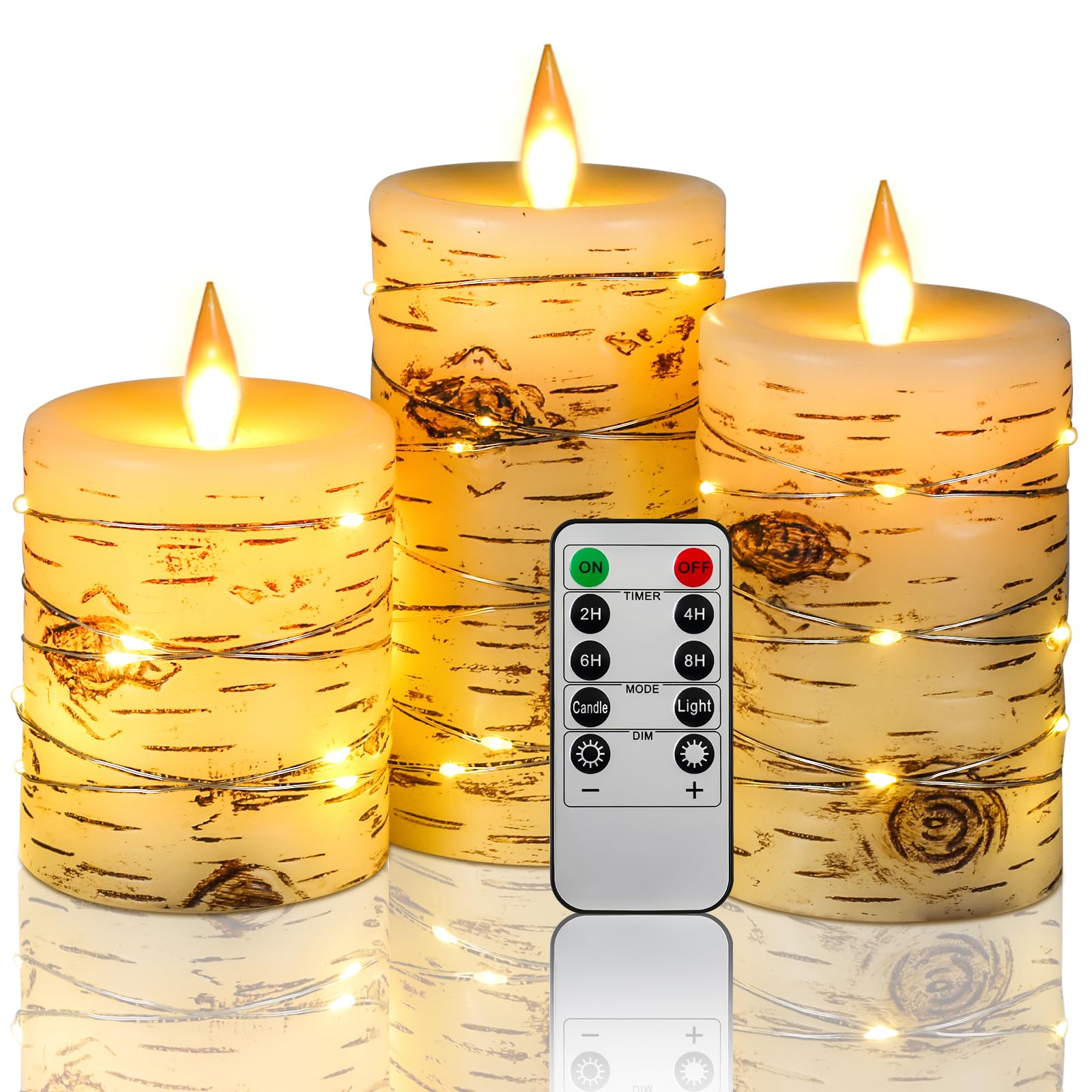Candela LED da incasso effetto corteccia di betulla dipinta a mano a lume di candela Set di 3 candele (10cm, 12,5 cm,15cm),alimentate a batteria con LED Flame Dance 11 pulsanti telecomando.