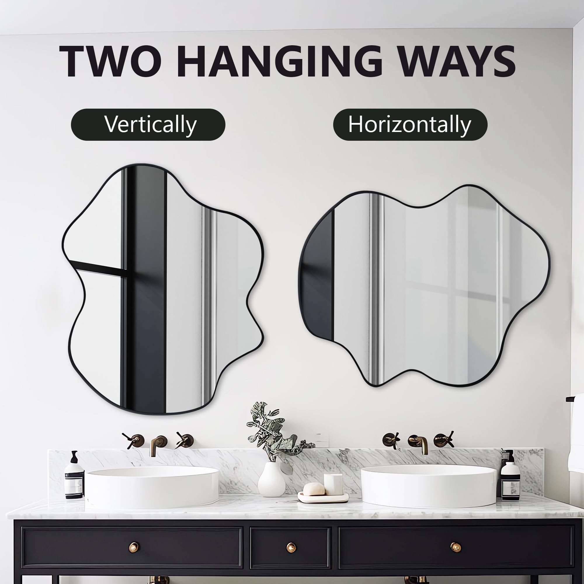 Tanmicoshomy Espejo de pared irregular de 22 x 30 pulgadas, espejo asimétrico con marco negro con vidrio templado para baño, dormitorio, sala de estar, guardarropa, entrada