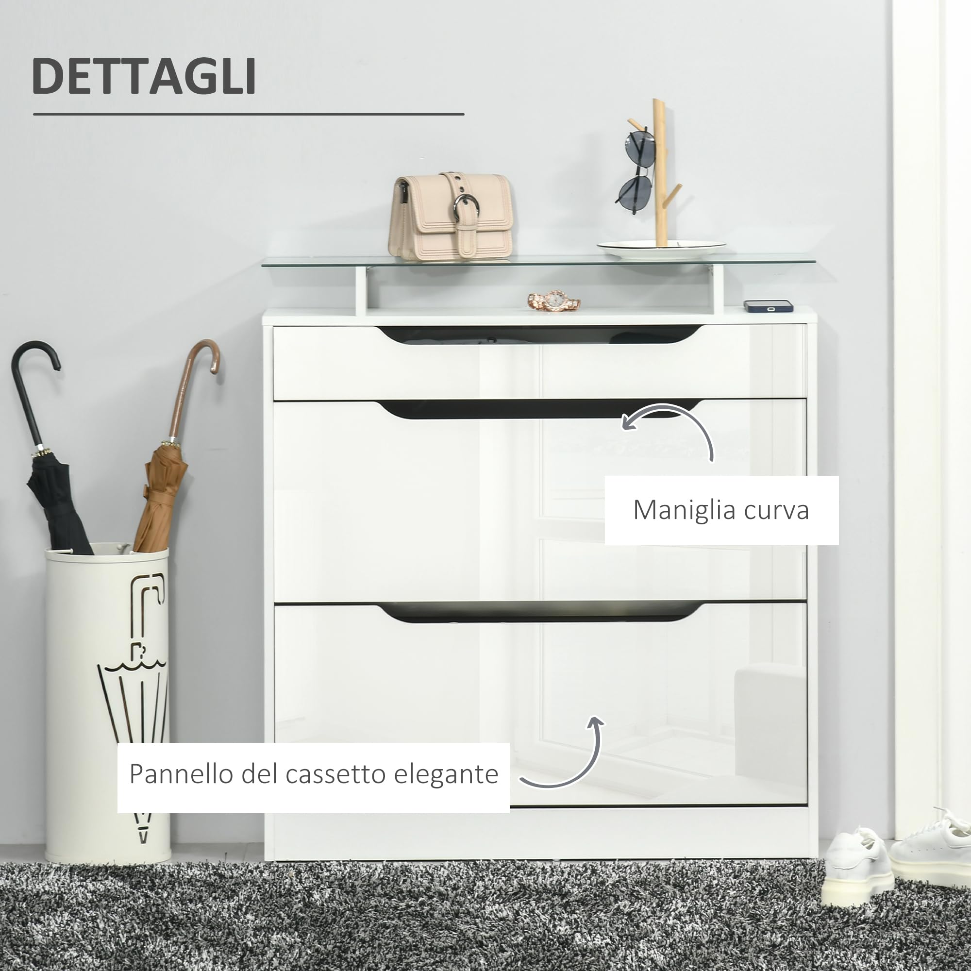 HOMCOM Scarpiera Salvaspazio Slim con 2 Ante a Ribalta e Cassetto, Scarpiera Ingresso in Vetro con Ripiani Regolabili su 2 Livelli, Porta Scarpe per 16 Paia con Maniglia, 89x23x96cm, Bianco Lucido