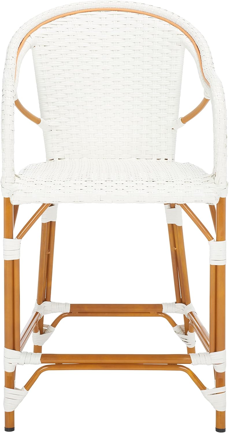 SAFAVIEH Outdoor Collection California White Bistro Woven Counter Stool with Arms (Fully Assembled)