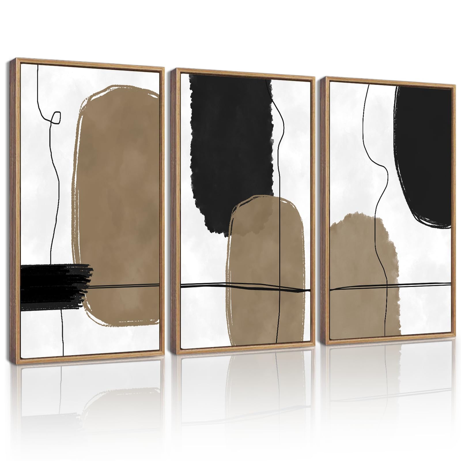 KUVIOKE Abstract Wall Art Framed Neutral Beige Mid Century Textured Artwork Black Minimalist Line Modern Illustrations Bedroom Hallway Ready to Hang