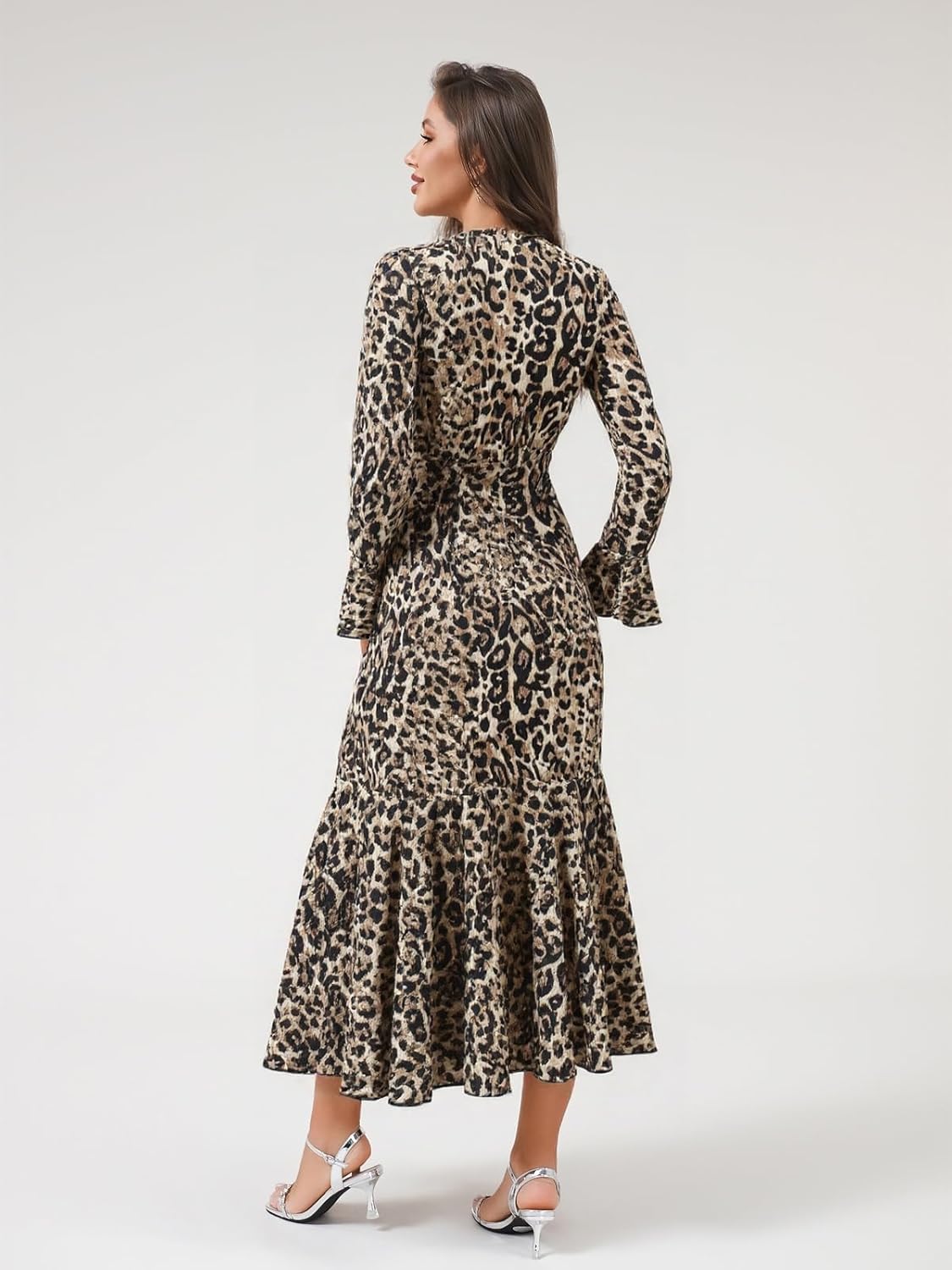 DERAX Womens Leopard Print Maxi Dress Long Sleeve V Neck Ruffle Asymmetrical Hem 2026 Spring Long Dresses - Image 2