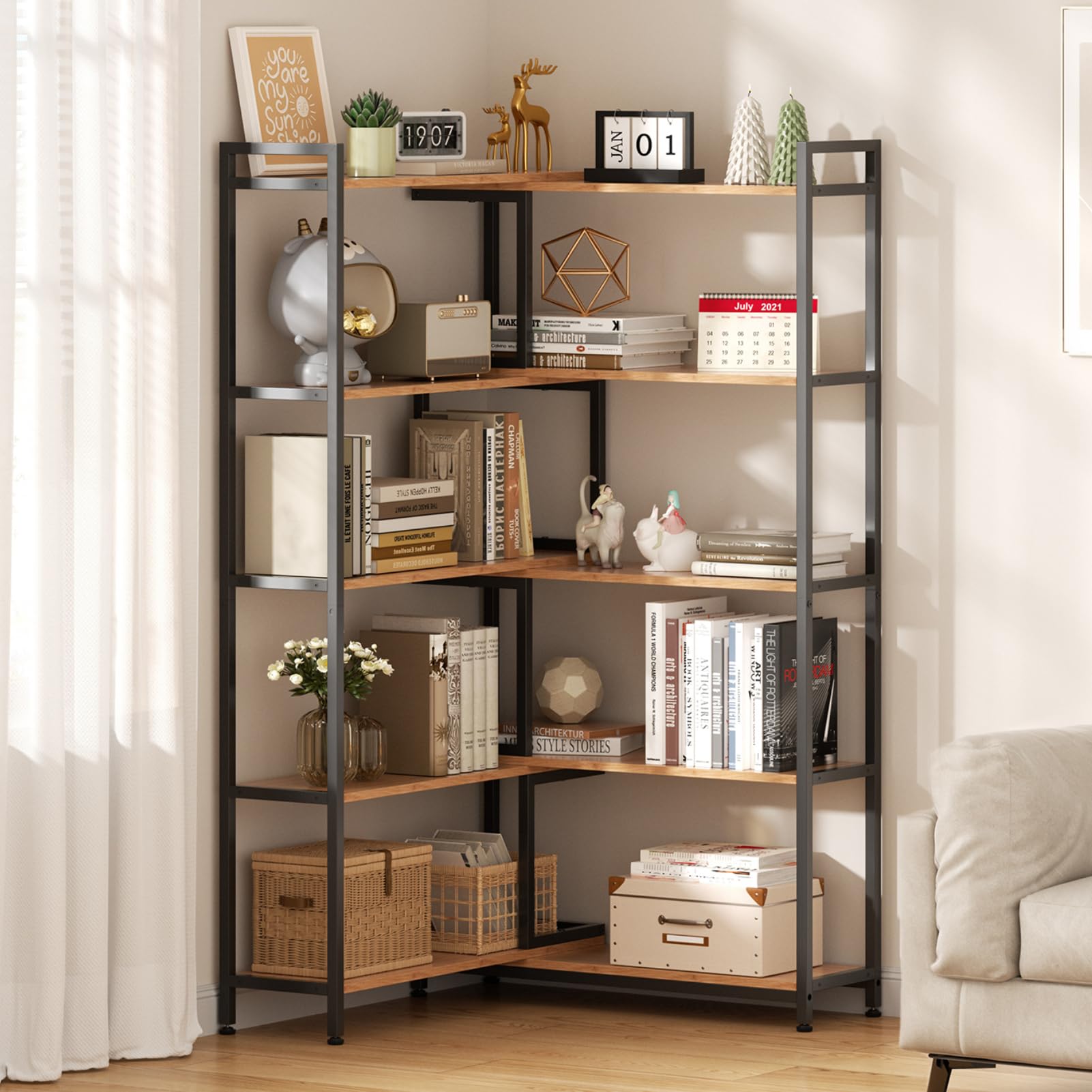 Warmiehomy Bookcase, 5-Tier Corner Shelf, Deformable Wooden Bookshelf, Width 80-146cm Adjustable Display Corner Storage Cabinet for Home Office Living Room Bedroom Study Kitchen, Rustic Brown โ image 1