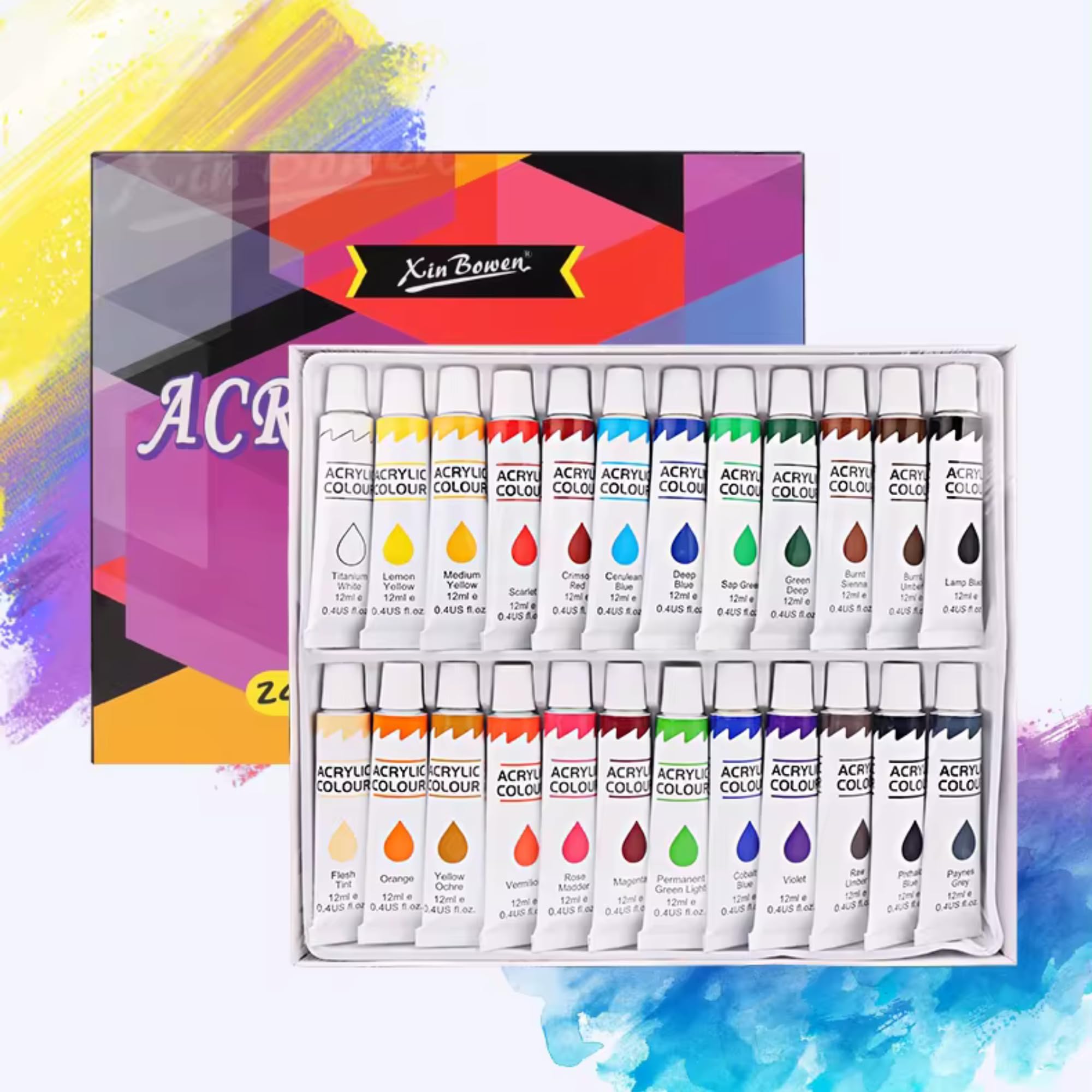 XINBOWEN Acrylic Paint Set 24x12ml Tubes Artist Quality Non-Toxic Rich Pigments Colors Perfect for Kids Adults Beginners For Canvas Wood Clay Fabric Ceramic Crafts