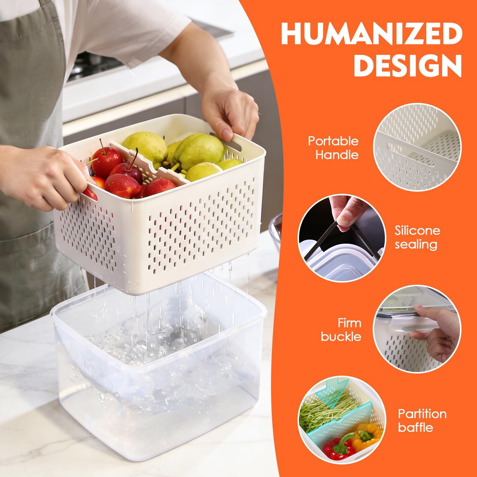 Contenitori Frutta e Verdura 6 Pezzi,Contenitori Ermetici con Coperchio e Scolapasta,Organizer Frigorifero Impilabile Senza BPA, Scatole Alimentari con Manico e Scomparti,Ideale per Frigo e Meal Prep