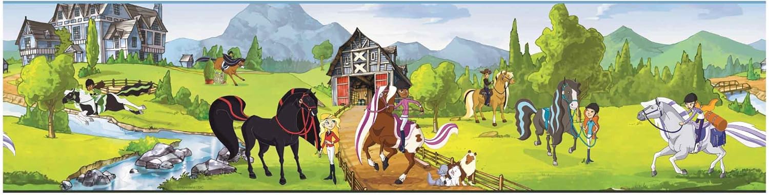 RoomMates York Wallcoverings BT2741BD Horse Land Scenic Border, Pear Green/Blue Jean Blue/Strawberry Red/Chocolate Brown/Lilac Purple/Black Onyby